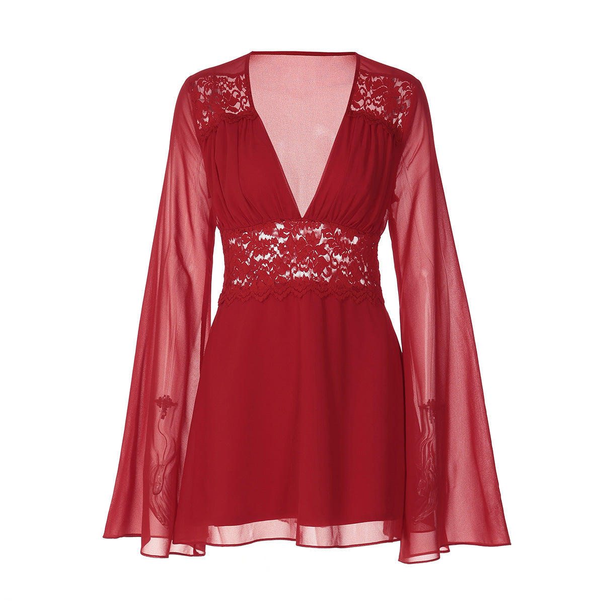 Long flared sleeve v neck chiffon zip-up mini dress  | Festival Outfits Women