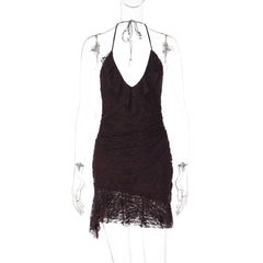 Halter self tie v neck ruffle lace ruched mini dress  | Festival Outfits Women