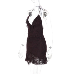 Halter self tie v neck ruffle lace ruched mini dress  | Festival Outfits Women