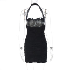 Halter ruched backless solid mini dress  | Festival Outfits Women