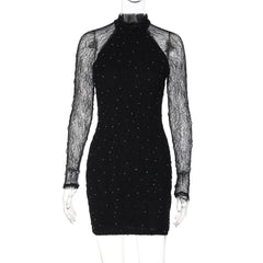 Long sleeve crewneck lace beaded mini dress  | Festival Outfits Women