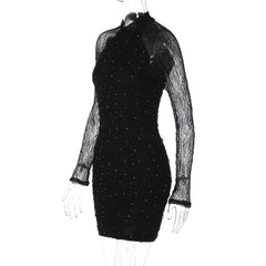 Long sleeve crewneck lace beaded mini dress  | Festival Outfits Women