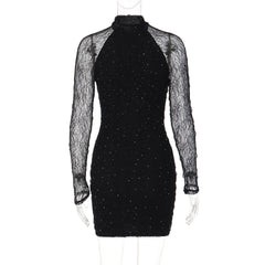 Long sleeve crewneck lace beaded mini dress  | Festival Outfits Women