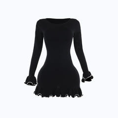 Long flared sleeve ruffle round neck mini dress  | Festival Outfits Women
