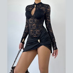 Long sleeve hollow out lace cut out mini dress  | Festival Outfits Women