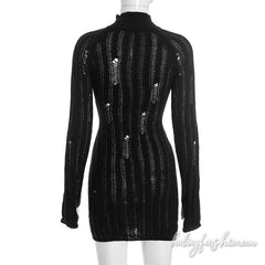 Long sleeve high neck hollow out solid mini dress