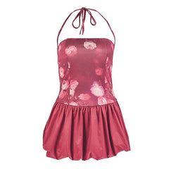 Halter flower print self tie ruched mini dress  | Festival Outfits Women