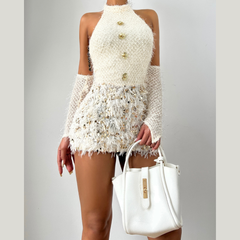 Halter glitter gloves raw hem backless mini dress  | Festival Outfits Women