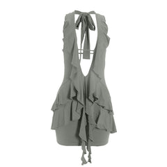 Halter self tie ruched deep v neck ruffle mini dress  | Festival Outfits Women