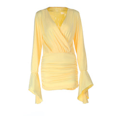 Long flared sleeve v neck ruched solid mini dress  | Festival Outfits Women