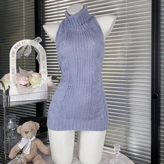 High neck halter self tie backless knitted mini dress  | Festival Outfits Women