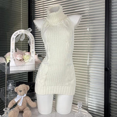 High neck halter self tie backless knitted mini dress  | Festival Outfits Women