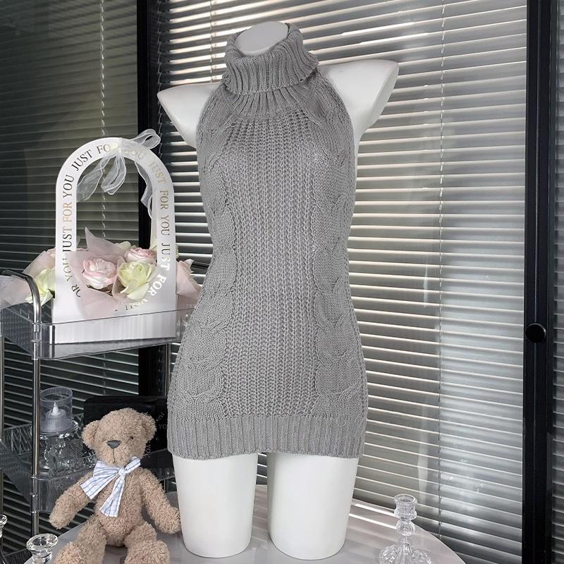 High neck halter self tie backless knitted mini dress  | Festival Outfits Women