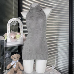 High neck halter self tie backless knitted mini dress  | Festival Outfits Women