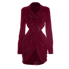 Glitter long sleeve v neck hollow out cut out mini dress  | Festival Outfits Women