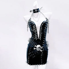 Halter rivet PU leather belt mini dress  | Festival Outfits Women