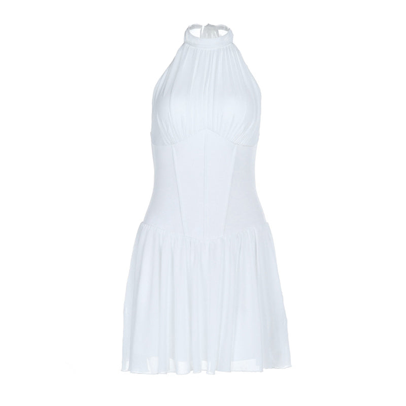 Halter self tie ruched backless solid mini dress  | Festival Outfits Women