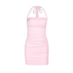 Ruched square neck halter self tie mini dress  | Festival Outfits Women