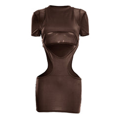Hollow out crewneck short sleeve mesh cut out mini dress  | Festival Outfits Women