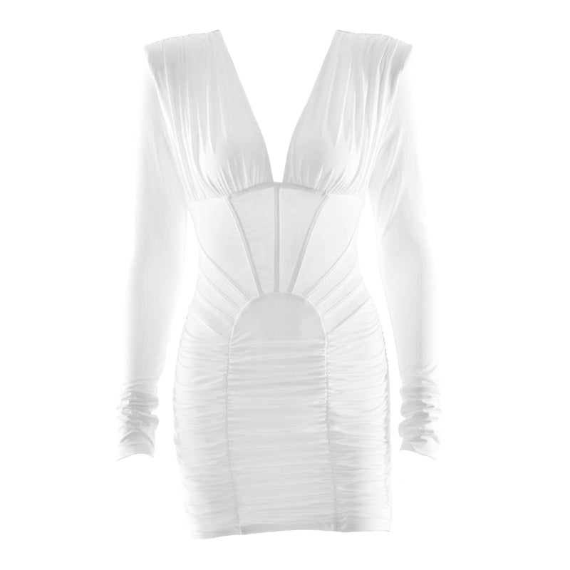 Long sleeve ruched v neck solid mini dress  | Festival Outfits Women