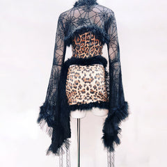 Leopard print glitter long sleeve spider applique mini skirt set  | Festival Outfits Women  | Leopard Print Mini Dress