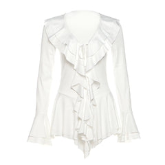 Long flared sleeve ruffle v neck self tie mini dress  | Festival Outfits Women