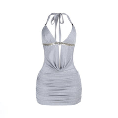 Halter self tie glitter ruched v neck hollow out mini dress  | Festival Outfits Women
