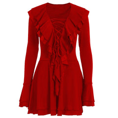 Long flared sleeve ruffle lace up solid mini dress  | Festival Outfits Women