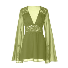 Long flared sleeve v neck chiffon zip-up mini dress  | Festival Outfits Women