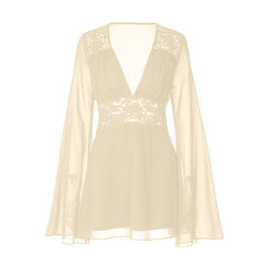 Long flared sleeve v neck chiffon zip-up mini dress  | Festival Outfits Women