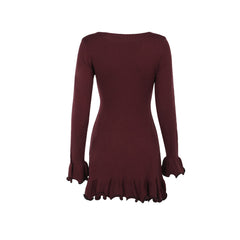 Long flared sleeve ruffle round neck mini dress  | Festival Outfits Women
