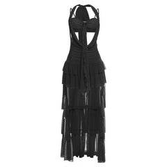 Self tie halter hollow out ruffle mesh mini dress  | Festival Outfits Women