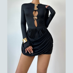Long sleeve ruched hollow out cut out mini dress  | Festival Outfits Women