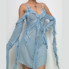 Long flared sleeve Off shoulder sheer mesh ruffle mini dress  | Festival Outfits Women