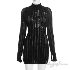 Long sleeve high neck hollow out solid mini dress