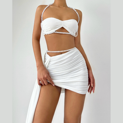 Halter beaded ruched mesh mini dress  | Festival Outfits Women