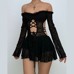 Off shoulder long sleeve hollow out self tie cut out mini dress  | Festival Outfits Women
