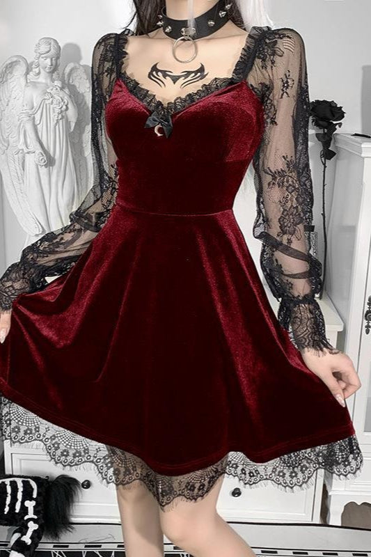 Lace Patchwork Long Sleeve Ruffled Mini Dress