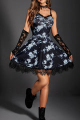 Grunge Tie Dye Ruched Lace Trim Backless Mini Dress