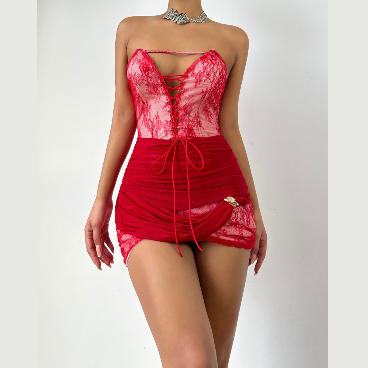 V neck lace up ruched mini dress  | Festival Outfits Women