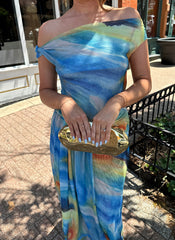 Beth Blue Mesh Drape Twist Maxi Dress