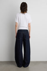HIGH RISE BARREL LEG JEAN WITH FRONT SEAM DETAIL