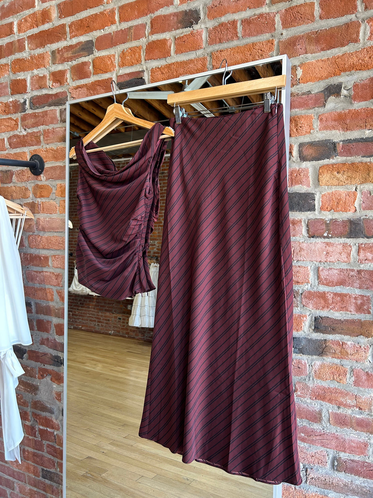 Lula Maroon Off The Shoulder Top and Maxi Skirt Two-Piece Set