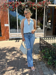 Jess Blue Stripe Halter Peplum Top