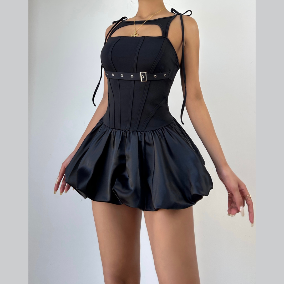 Hollow out self tie ruched buckle mini dress  | Festival Outfits Women