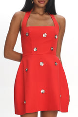 Hendrix Halterneck A-Line Mini Dress Sequin Flower Red