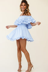 Meet Me At Sunset Bardot Neckline Frill Trim Dress Spotty Steel Blue