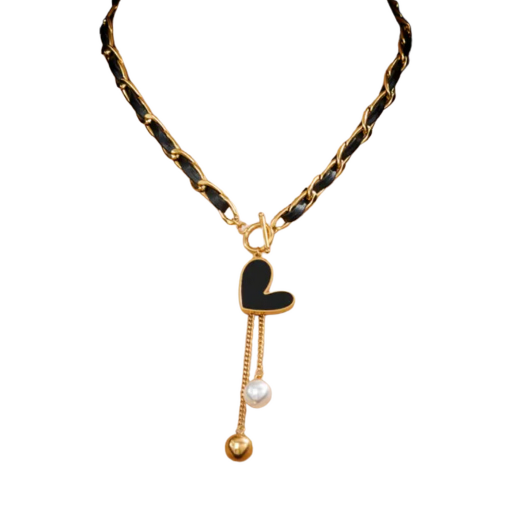 Heart Faux Pearls Ribbon Necklace