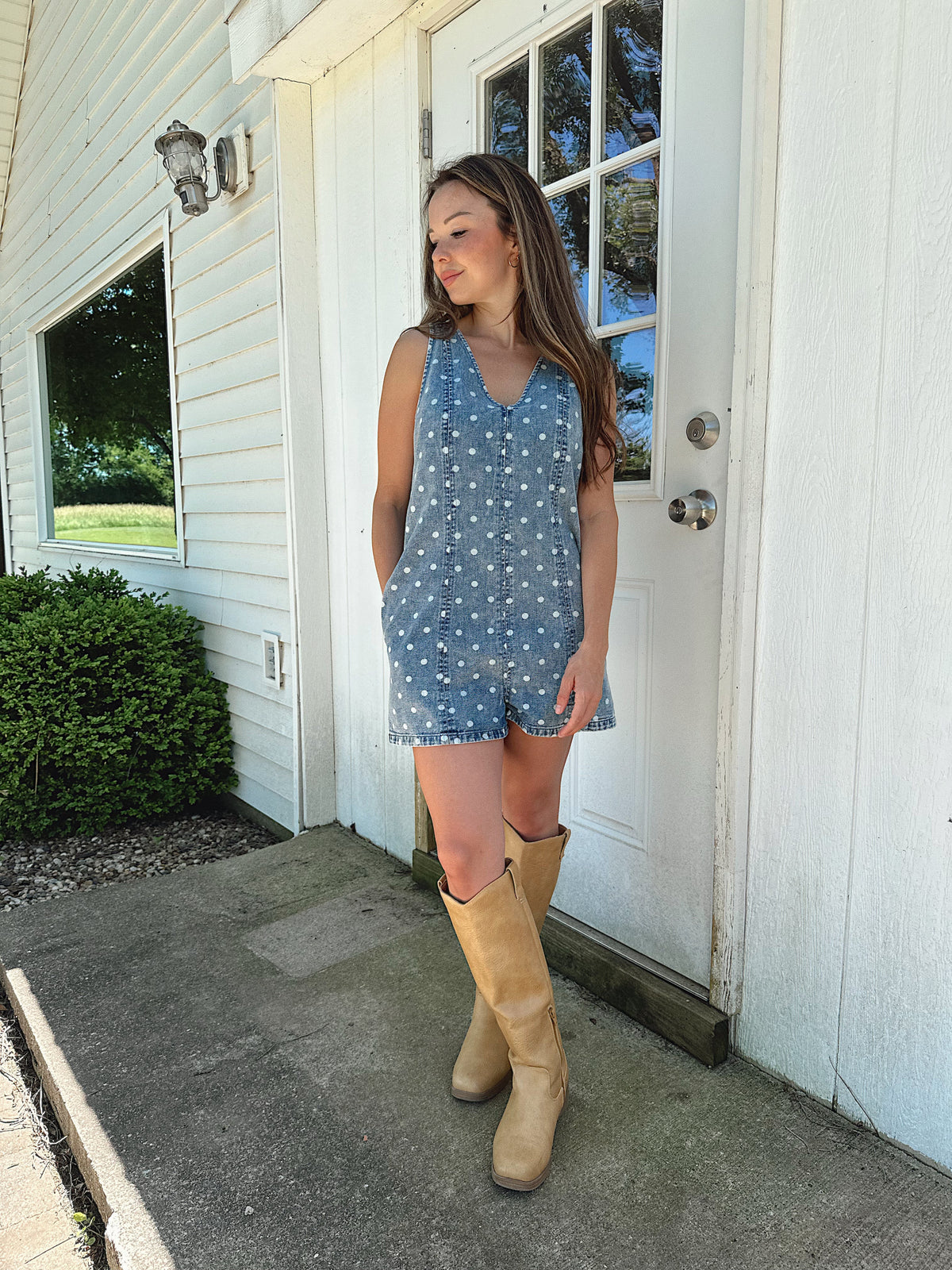 Lainey Polka Dot Denim Romper