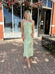Tyra Satin Floral Jacquard Maxi Dress- Green